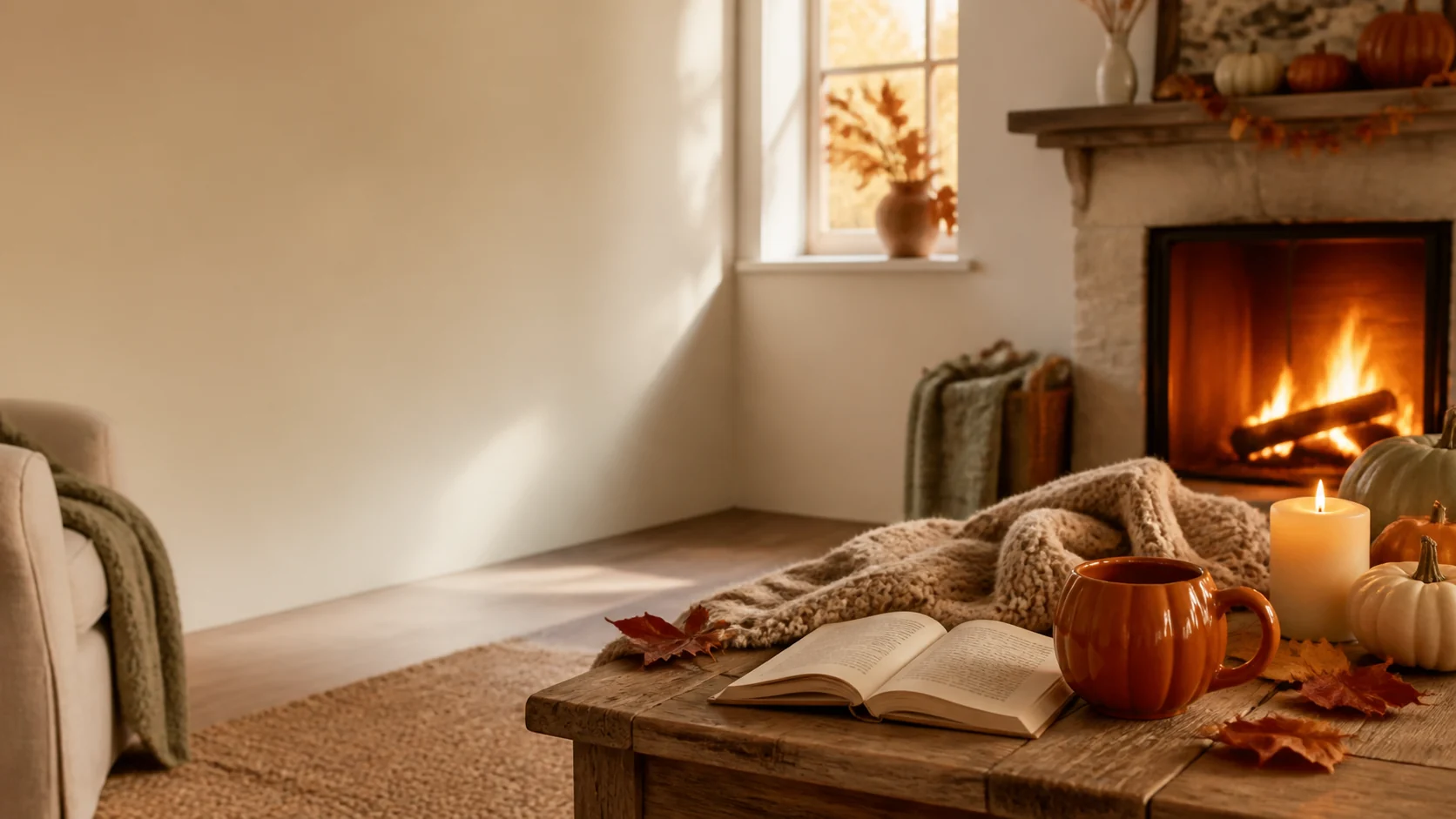 A cozy autumn living room with a fireplace, pumpkin mug, candle, blanket, and fall leaves